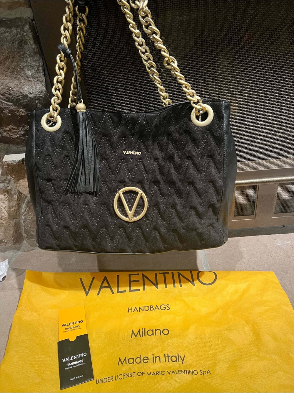 Mario Valentino Black Quilted Shoulder Bag with Gold Hardware